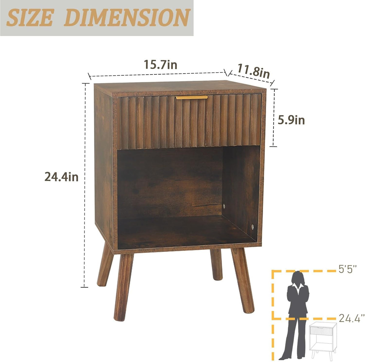 Fultyle Mid Century Modern Nightstand, Wood Bedside Table with Drawer and Open Storage, End Table Living Room Fluted Night Stand with Solid Wood Legs for Bedroom (Rustic Brown)