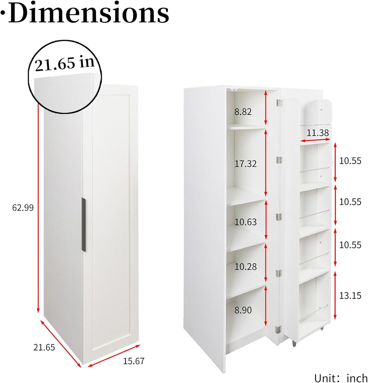 JOYSOURCE 22 in Deep Kitchen Pantry Storage Cabinet with Doors and Adjustable Shelves Tall Large Cupboard with Door Shelving, Wheel Support for Food White