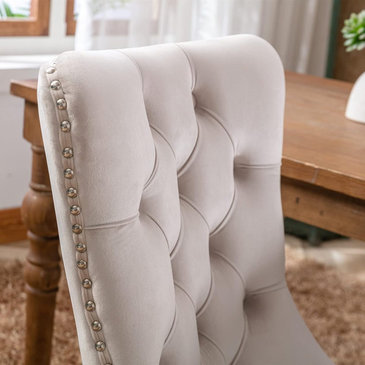 Bellemave Modern Upholstered Dining Chairs Set of 2, 2 Velvet Kitchen Dining Room Chairs with Nailhead Trim for for Living Room, Bedroom,(Beige, Wood Legs)
