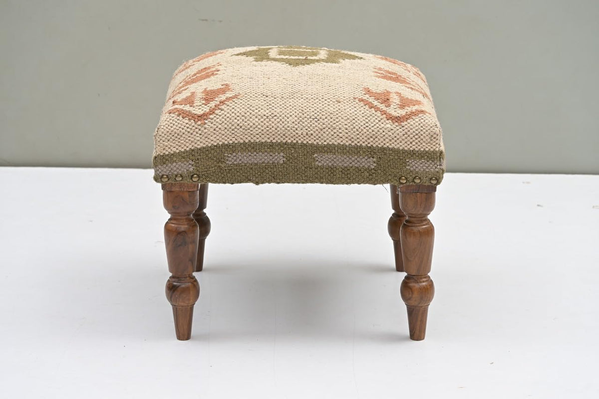 Handmade Jute Upholstered Ottoman Stool | Square Foot Rest with Wooden Legs | Decorative Accent Seating for Bedroom, Living Room, Entryway, Vanity & Hallway (Beige-Green)