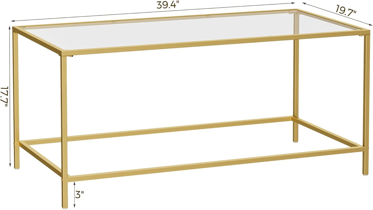 3-Piece Living Room Table Set, Glass Coffee Table with 2 Side Tables, Modern Rectangular Center Table & Square End Tables with Storage Shelves, Golden Metal Frame, Easy Assembly
