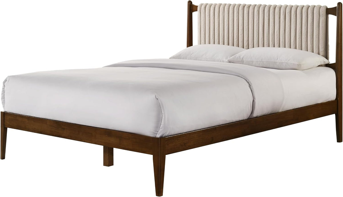 Ella Wooden Platform Bed | Box Spring Not Required | Walnut and Beige, Queen