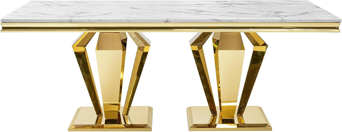 Modern Dining Table 66.9" Dining Room Table with Shiny Gold Stainless Steel Legs & Marble Grain Top for Kitchen,Dining Room,Rectangular