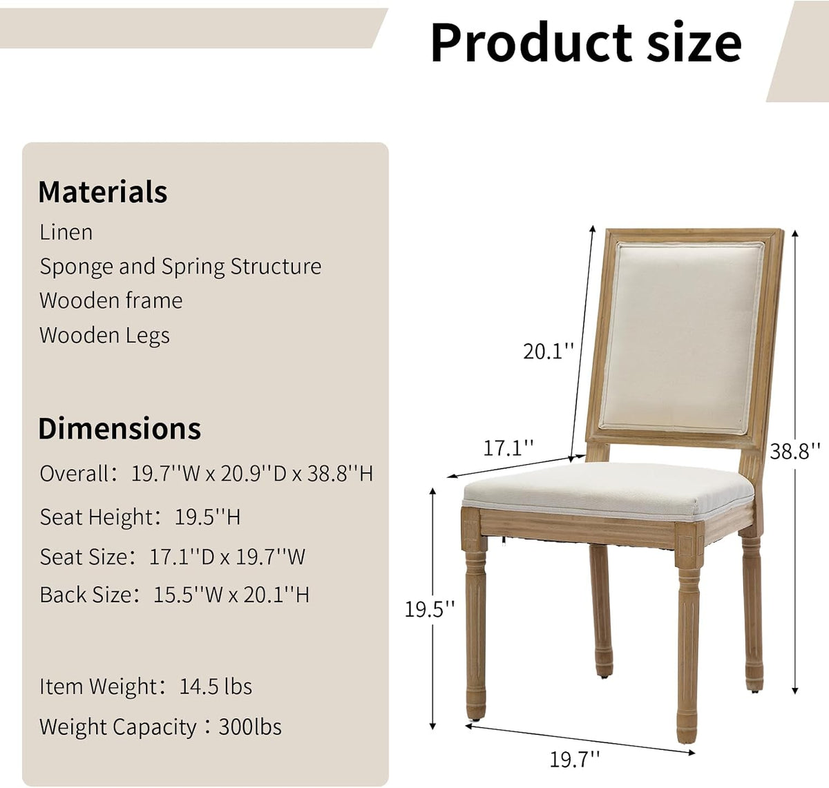 Vintage French Country Dining Chairs Set of 6, Linen Fabric Dining Chair with a Square Back, Beige Upholstered Dining Chairs, Sillas para Comedor, Kitchen & Dining Room Chair (Beige, 6Pcs)