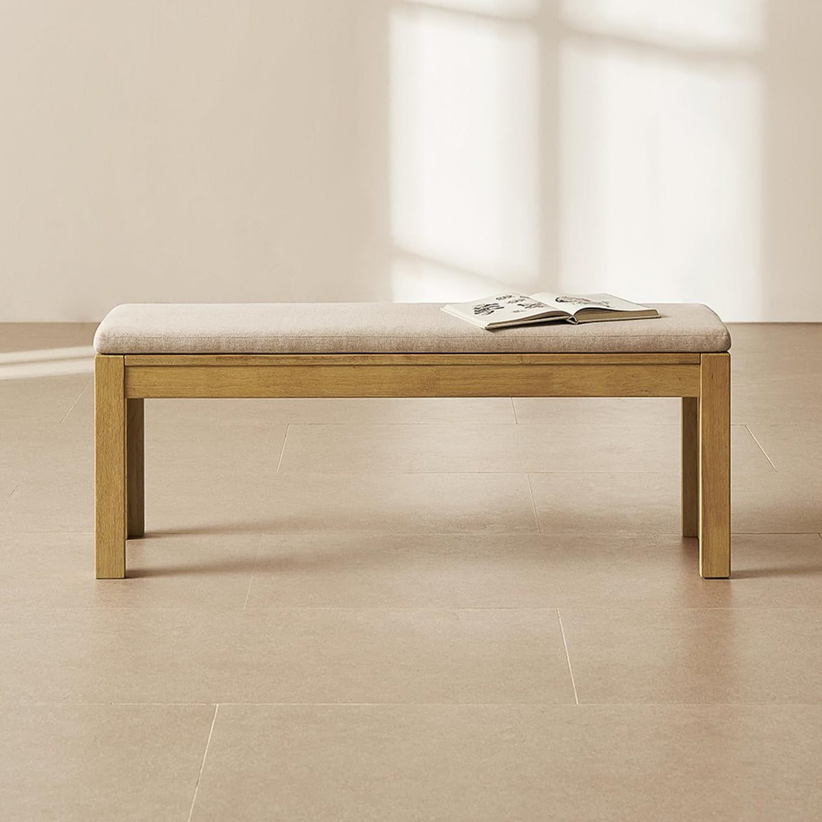 mopio Logan Upholstered Beige Dining Bench, Modern Farmhouse Solid Wood with Light Wire Brush for Dining Room and Kitchen (50" Dining Bench)