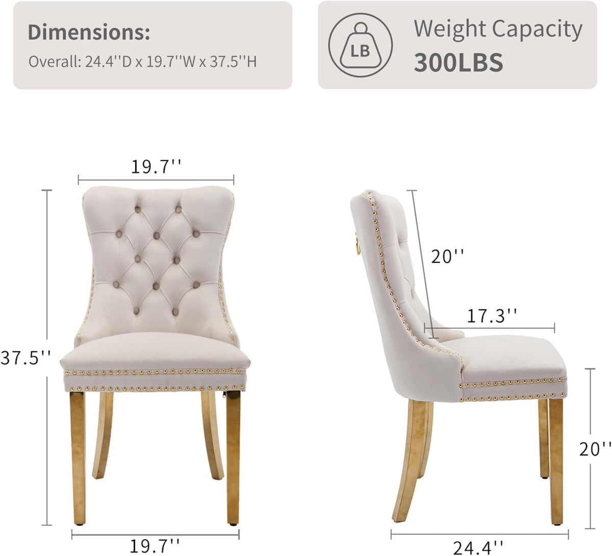 Velvet Dining Chairs Set of 6, Mid Century Tufted Dining Room Chairs with Nailhead Back Ring, Metal Legs, Modern Style for Kitchen, sillas de comedor (Beige, Golden Legs, 6 Pcs)