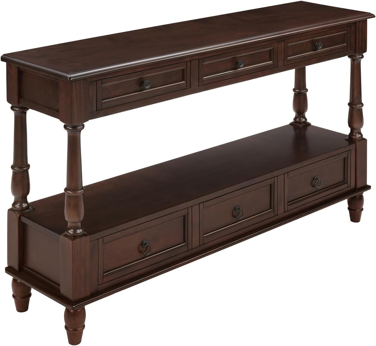Vintage Solid Wood Console Table with 6 Drawers - 54" Hallway Sofa Table with Bottom Shelf for Entrance, Living Room & Foyer, Espresso
