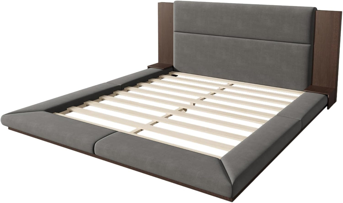 VilroCaz Modern King Size Upholstered Grounded Bed, Velvet Fabric Floor Upholstered Platform Bed with Extended Wood Headboard & Bedside Shelf, No Box Spring Required (King)