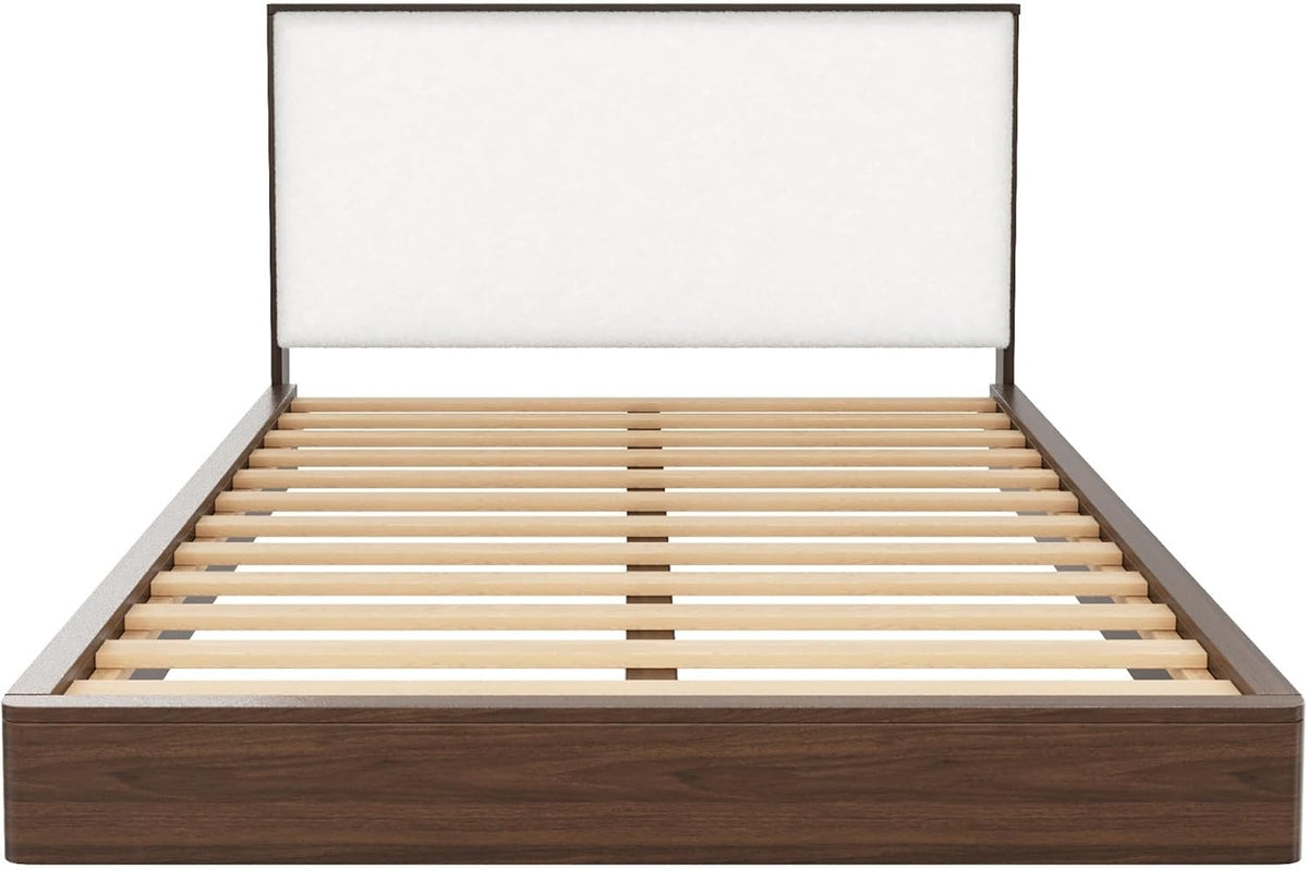 Merax Queen Platform Bed Frame with Bouclé Upholstered Headboard, Solid Wood Platform Bed, No Box Spring Needed, Noise-Free Modern Bed Frame for Bedroom, Walnut