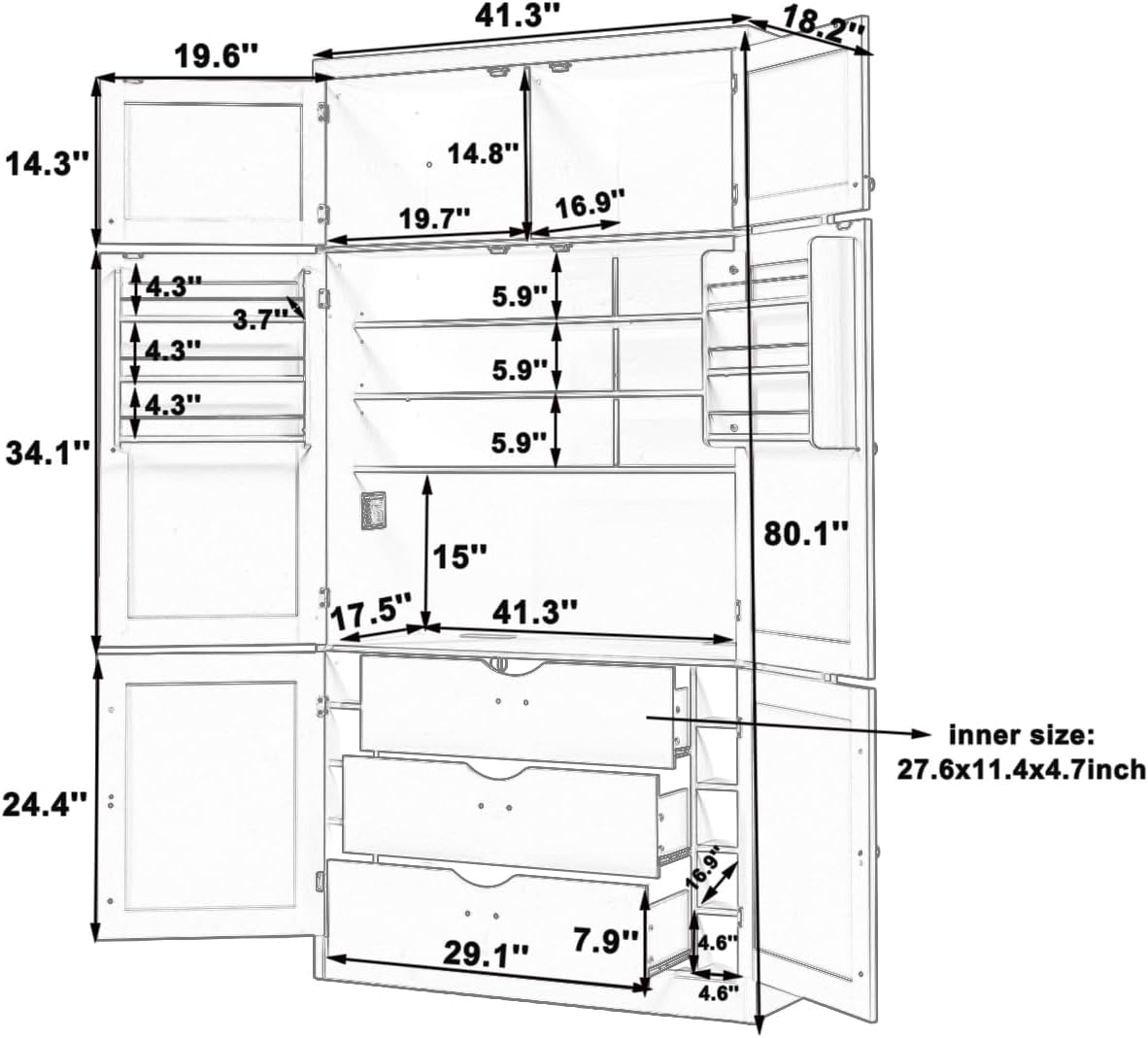 Polibi 80.1" Tall Freestanding Kitchen Pantry Cabinet, Large 41.3" Wide Shaker Style Storage Cupboard with 2 Power Outlets, Adjustable Shelves, 3 Drawers, Wine Rack & Countertop, Grey