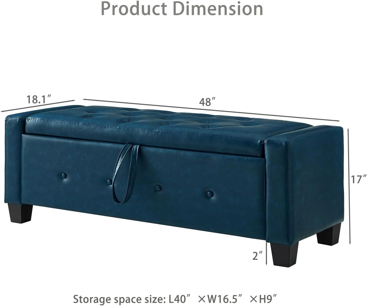Storage, Bench for Bedroom,Living Room,Hallway, Upholstered Tufted Faux Leather Ottoman Blue