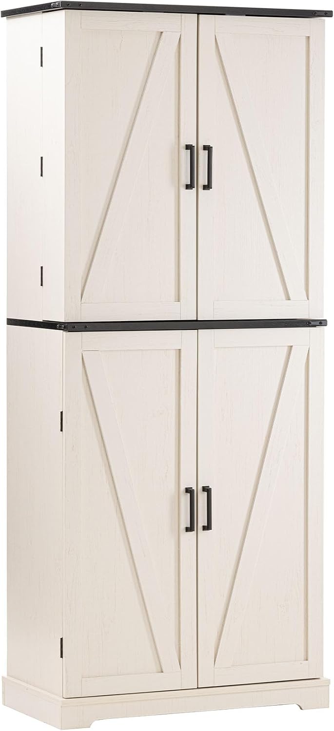 HOMPUS 71" Tall Kitchen Pantry Cabinet with Doors and Drawer, Farmhouse Storage Cabinet with Adjustable Shelves, Freestanding Wood Cupboard for Kitchen, Dining Room, Living Room, Bathroom, Off-White