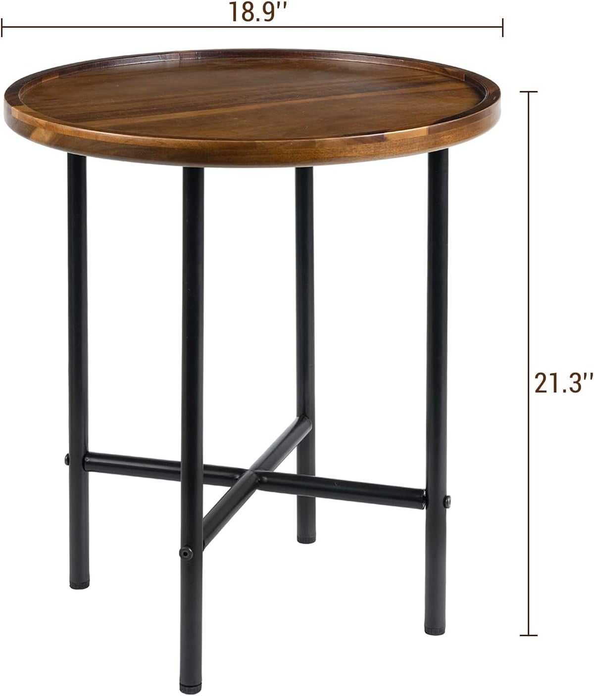 MyGift Round End Table, Premium Acacia Solid Wood End Table with 19 Inch Wooden Top and Black Metal Frame, Small Side Table for Home Living Room Bedroom Furniture