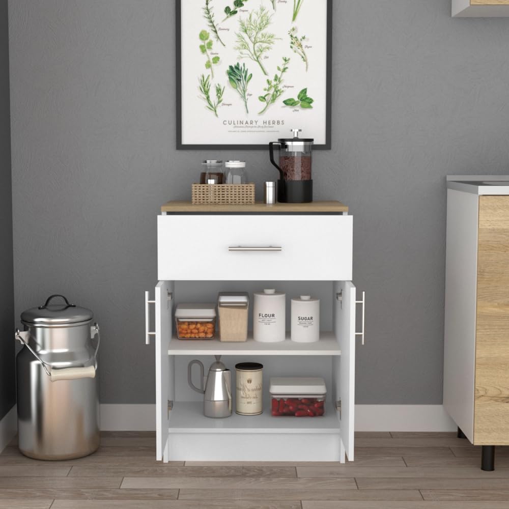 Pantry Organizer Cabinet 33" H,Buffet Kitchen Sideboard,One Drawer,Two Interior Shelves,Two Doors,White,Light Oak