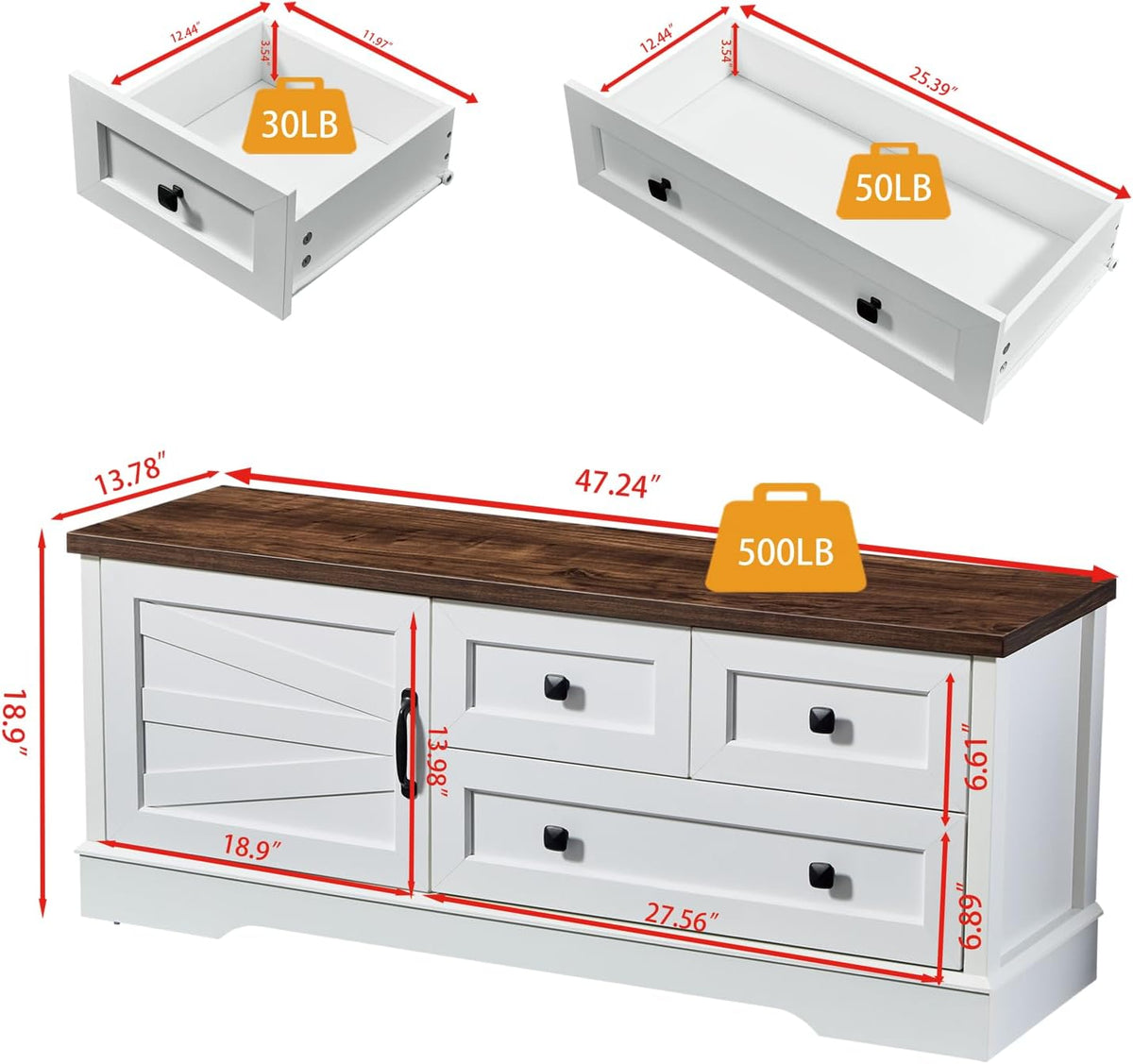 SOOWERY 48 Inch End of Bed Storage Bench, Farmhouse Bed Bench with Drawers and Cabinet, Rustic Shoe Storage Bench for Entryway, Bedroom,Living Room, White