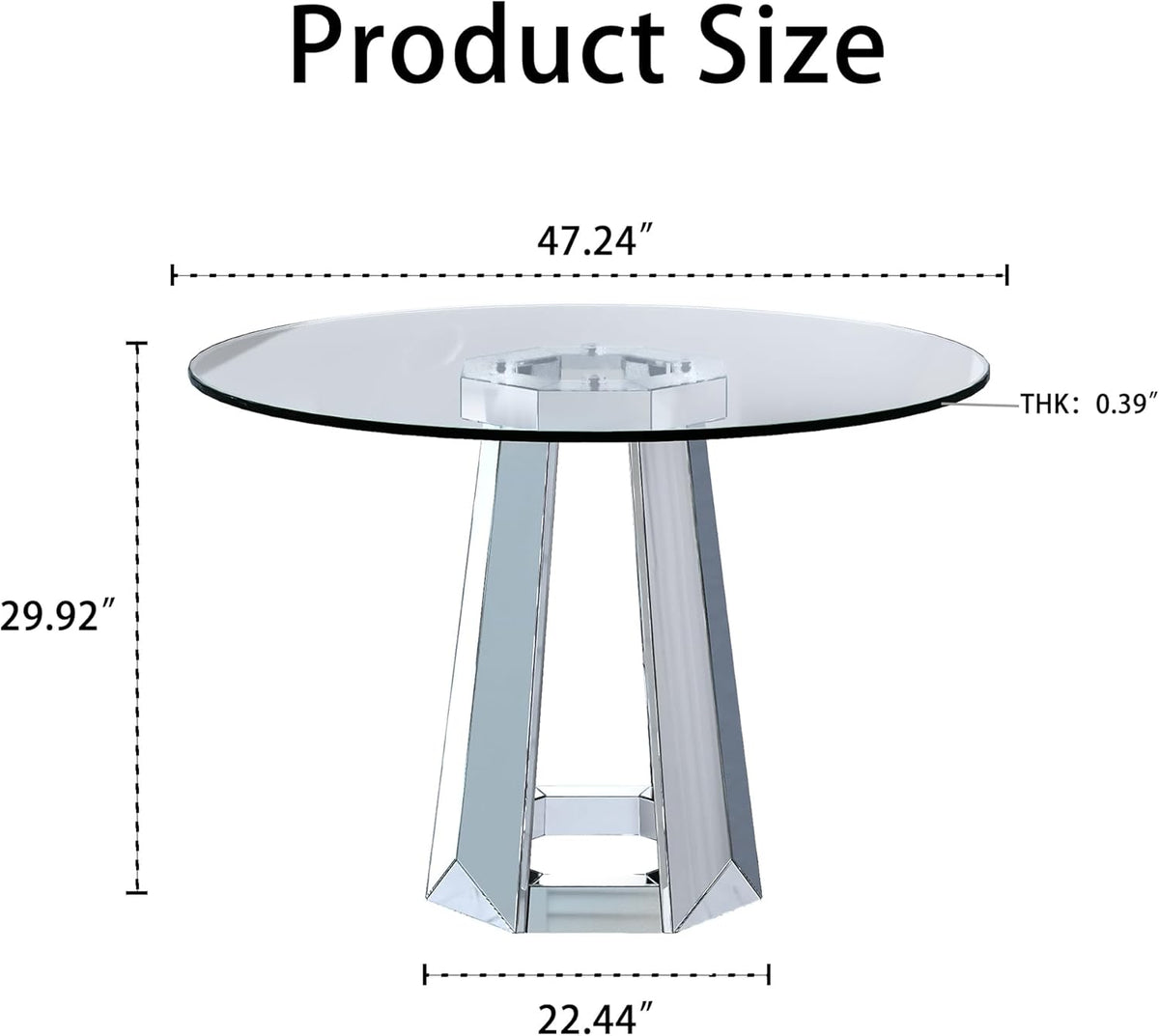 Henf Luxury Round Glass Dining Table for 4-6, Silver 47" Glass Kitchen Table with Mirrored Base, Modern Circle Dining Room Table (Table Only)