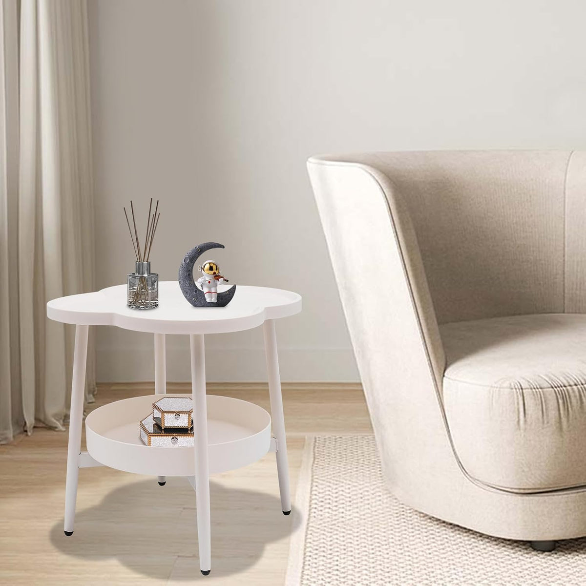 End Table Sofa & Console Flower Shape Snack Side Table with Stand Modern Decorative Side Coffee Table with Load-Bearing 110lbs for Home Bedroom Living Room Kitchen (White)