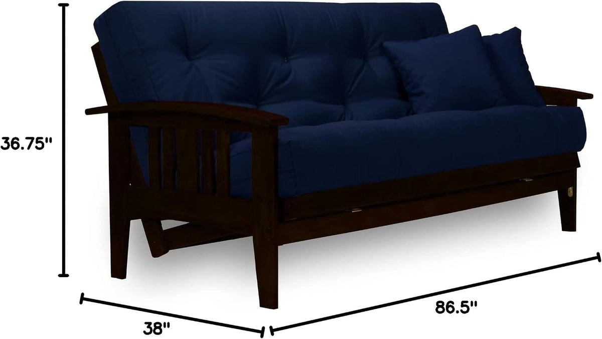 Nirvana Futons Westfield Complete Futon Set - Espresso Finish (Warm Black) – Large Queen Size, Mission Style Wood Futon Frame with Mattress Included (Twill Navy Blue), More Mattress Colors Available