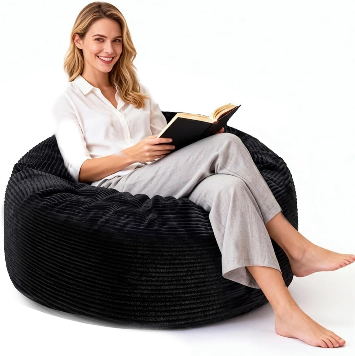 Bean Bag Chairs for Teens, 3FT Bean Bag with Memory Foam Filling, Bean Bag Chairs with Plush Microfiber Removable Cover, Cozy Sofa for Reading, Gaming- Black