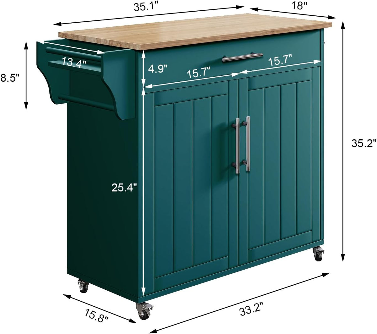Kitchen Storage Island, Wooden Rolling Island On Wheels with Wood Top, Mobile Kitchen Island Cart with Towel Rack, Spice Rack and Drawers, Green