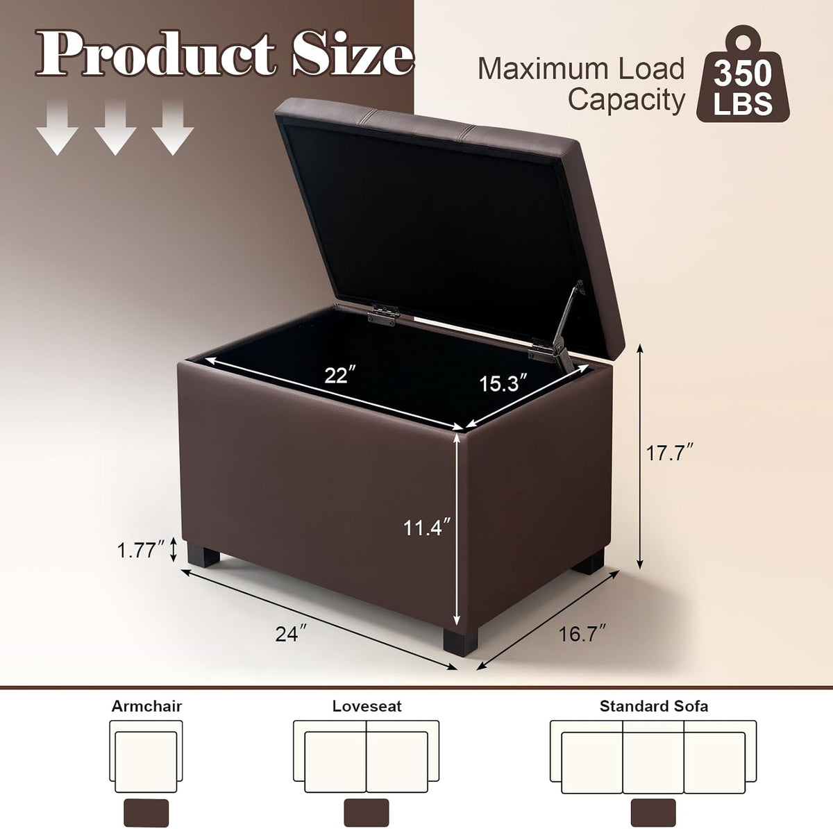 Joveco 24" Leather Storage Ottoman Bench, Rectangle Foot Rest Stool for Living Room, Bedroom, Entryway, Brown