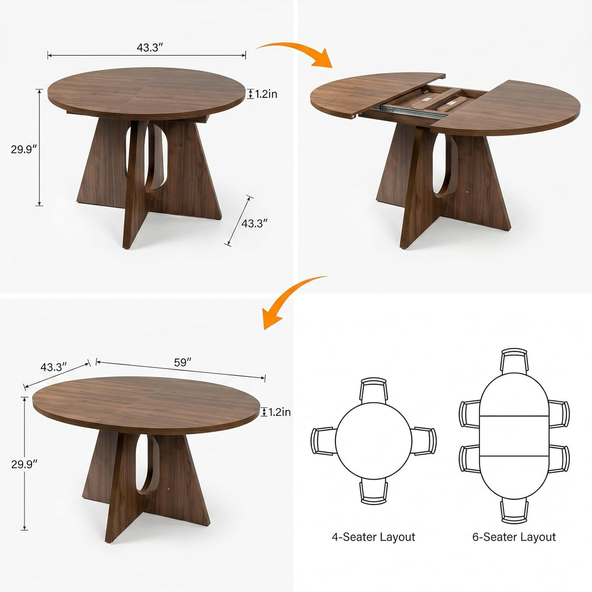 HIPIHOM 43.3"-59" Expandable Round Dining Table, Modern Walnut Kitchen Table, Space Saving Mid-Century Extendable Table for Dining Room