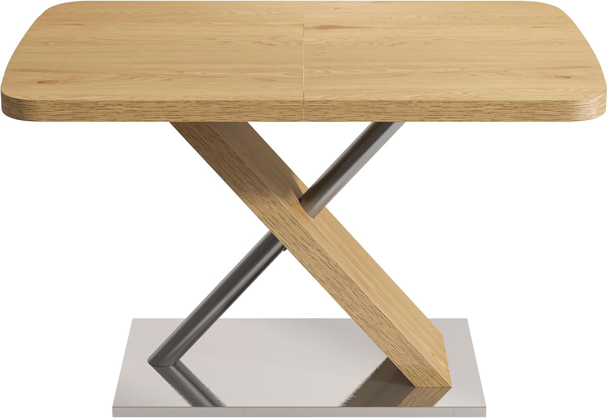 Expandable Natural Wood Dining Table for 4-6, Extendable 47-63 Inch Scratch-Resistant Rectangle Dining Table with MDF Table Top and Stainless Steels X-Shape Base for Living Room Kitchen
