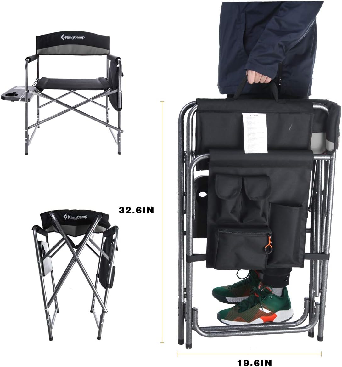 KingCamp Folding Camping Chair, Heavy Duty Portable Directors Style with Side Table Carry Handle Storage Pockets for Outdoor Tailgating Sports Backpacking Fishing, Black