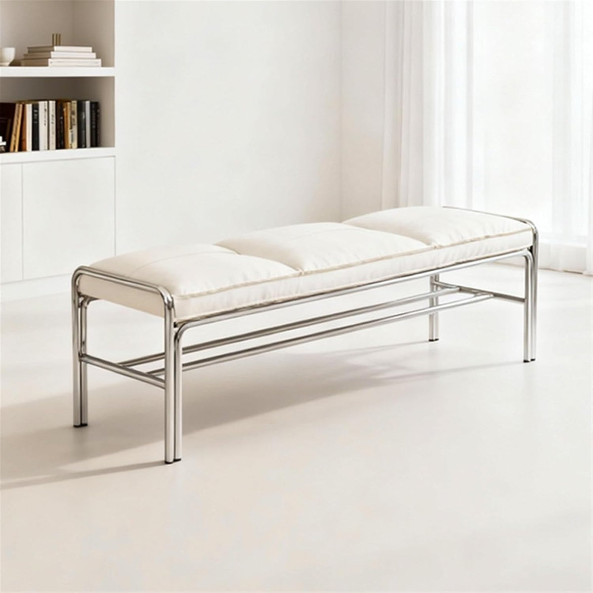 Modern Stainless Steel Long Bench with White Leather Cushion Home-use Soft-Padded Shoe Changing Stool Entryway(XS)