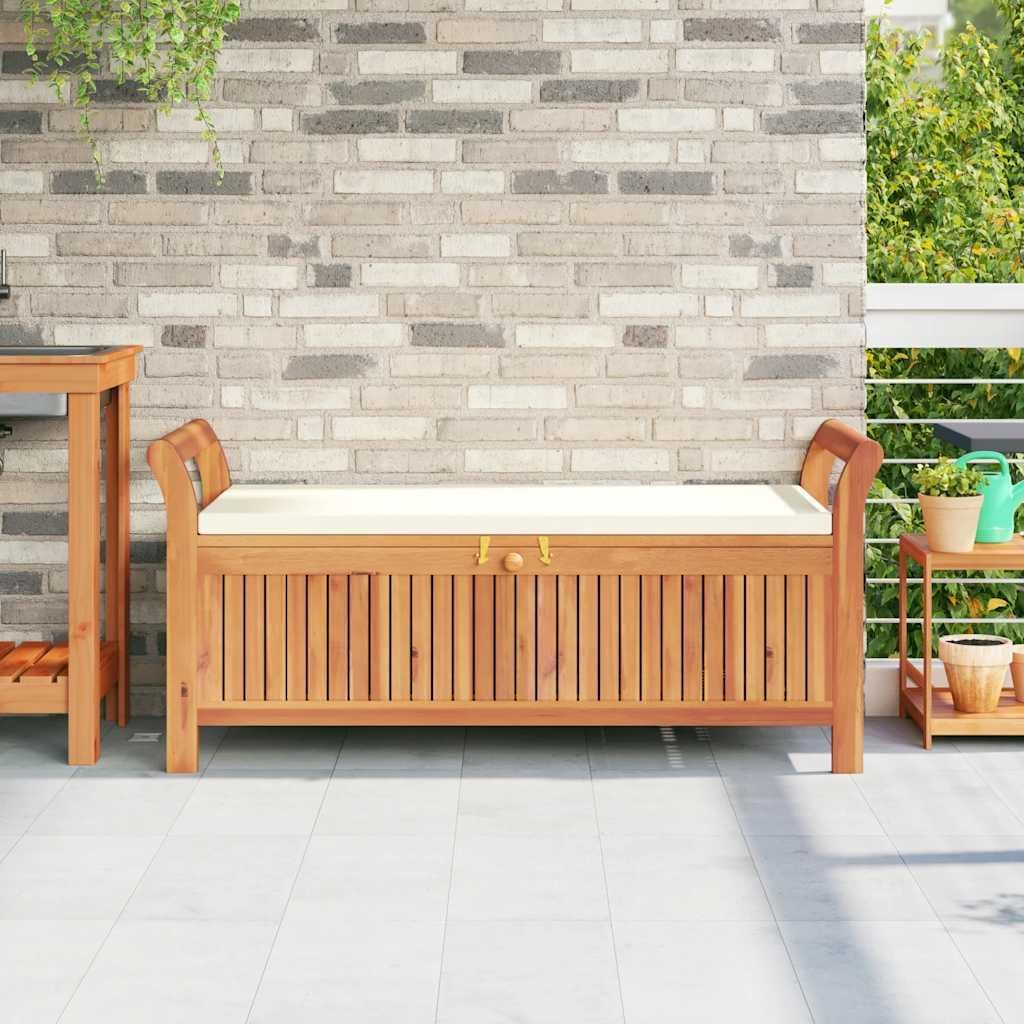 Solid Acacia Wood Garden Storage Bench with Cream White Cushion, 49.6 Inch Outdoor Bench with Storage for 2 People, Patio Seat with Lid and Polyester Cushion
