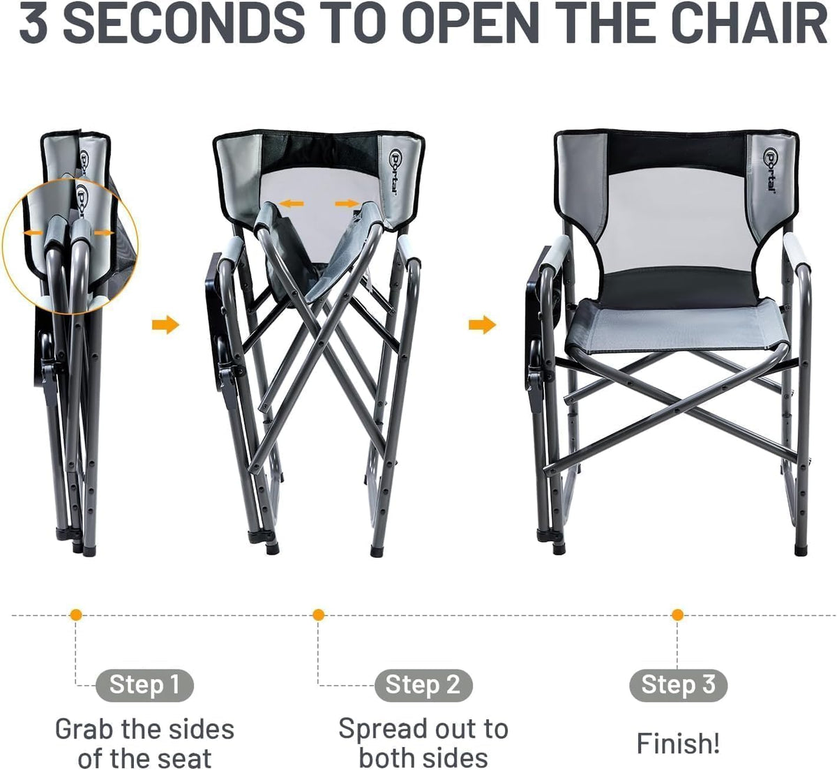 Portal Director Camping Chair with 2-Way Rotating Side Table, 300 lb, Gray | Height-Adjustable Swivel Tray with Cup Holder, Breathable Mesh Back, Portable for Camping, Tailgating, Lawn and RV Travel