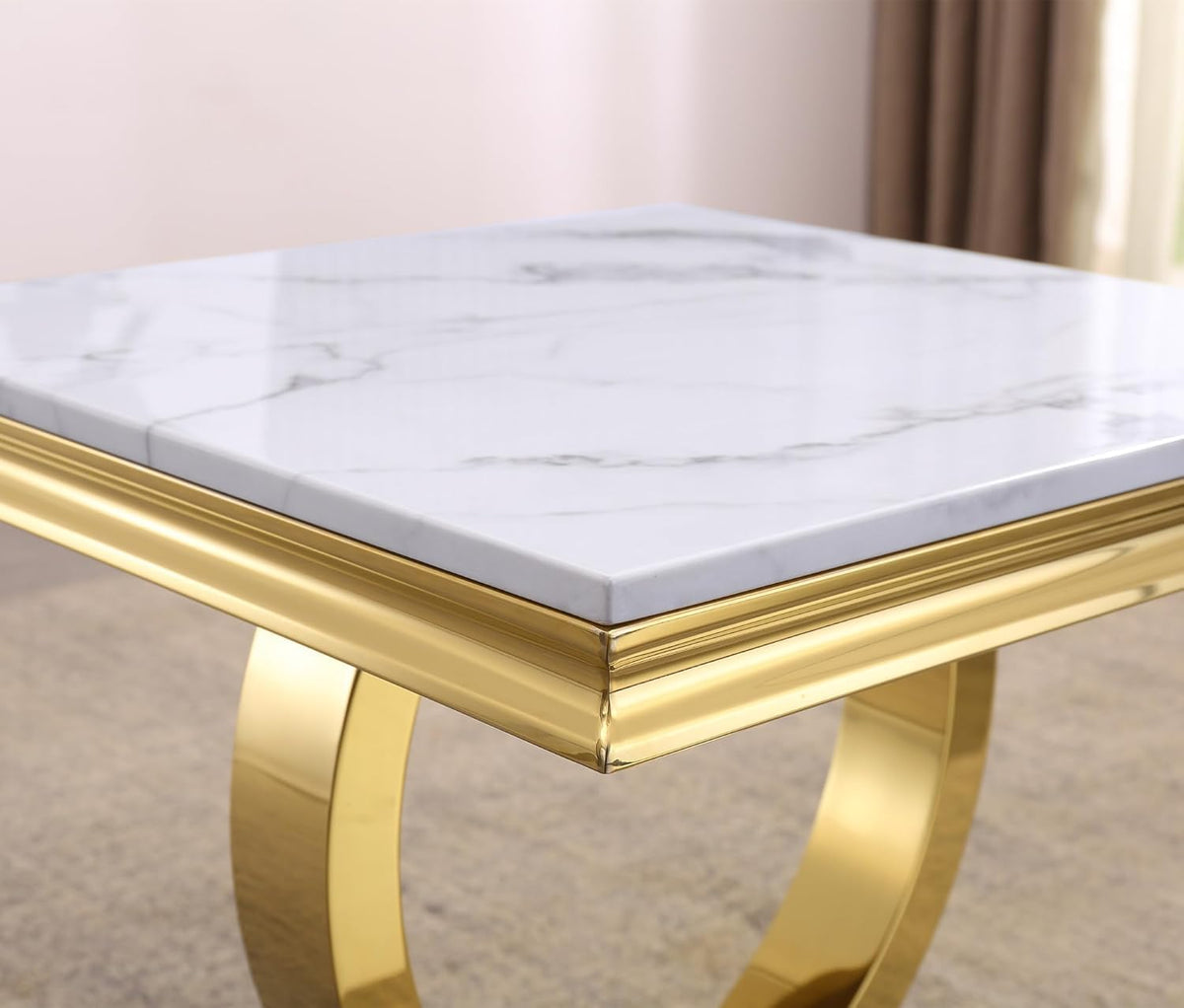 Modern Luxury Faux Marble End Table with Polished Gold Stainless Steel Base Square White Marble Side Table Elegant Small Bedside Table for Living Room Bedroom Office