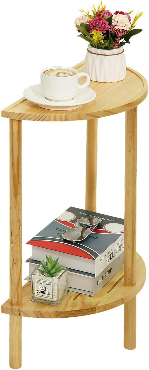 End Table Half Moon Side Tables, 2 Tier Half Round Side Table, Sofa Side Half Round Table with 2-Tier Storage Shelves, Nightstand for Living Room, Bedroom, Small Space, Rustic Brown, Boho Side Table