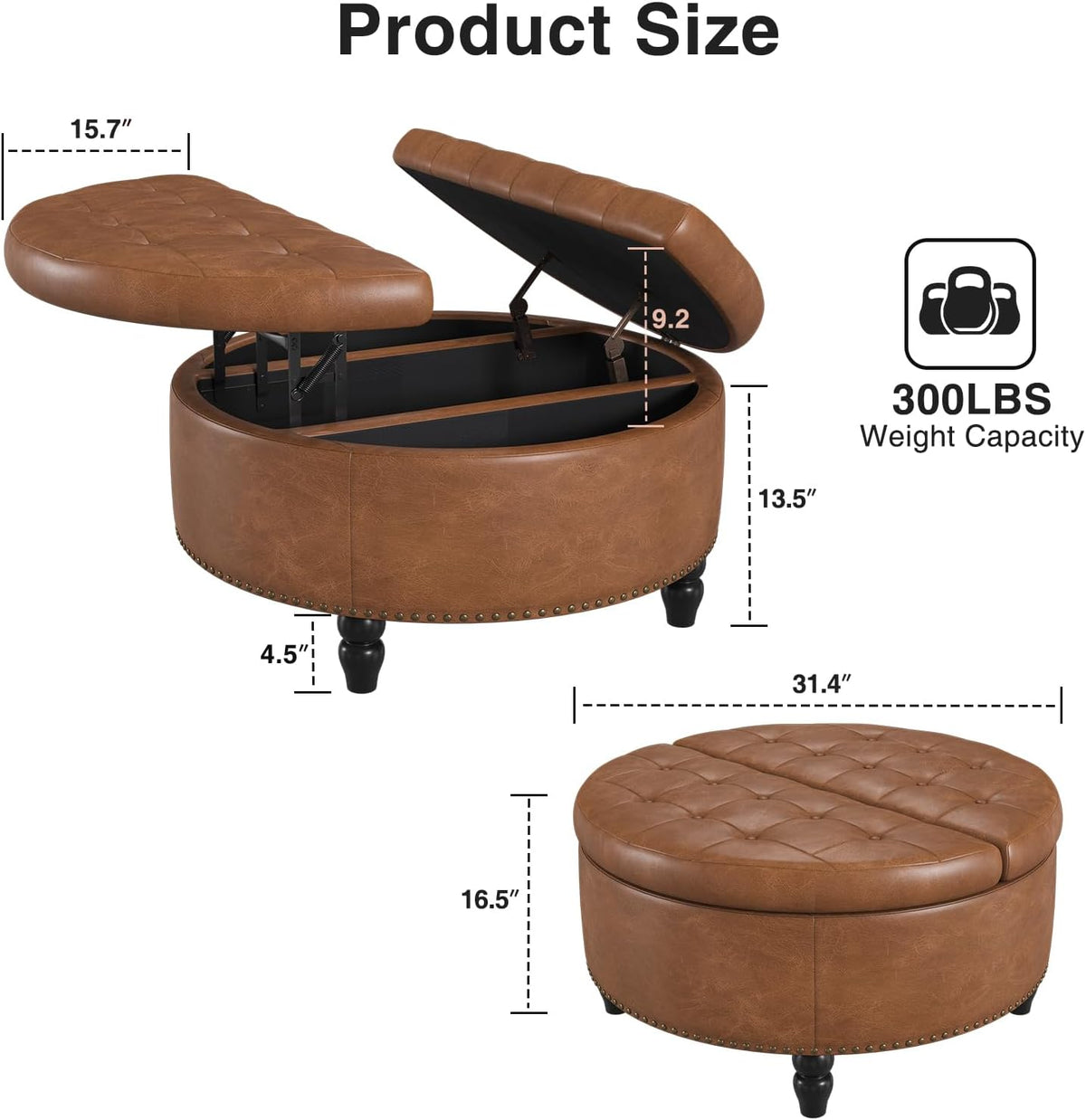 FiveWillowise 31.5 Inch Large Round Ottoman with Storage Circular,Brown