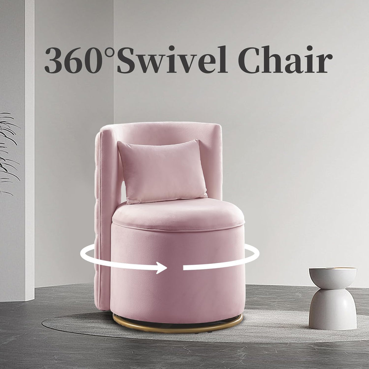 Swivel Chair with Storage for Living Room, Round Velvet Vanity Chair with Tufted Button Back, Pillow Included (Pink)