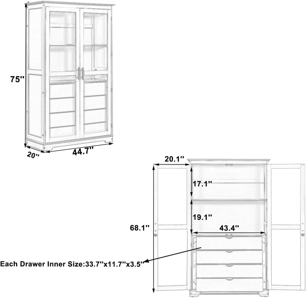 75" Tall Kitchen Pantry Cabinet, Freestanding Food Storage Cupboard, Modern Display Cabinet with Glass Doors and 4 Built-in Drawers, Storage Furniture for Kitchen, Living Room,Blue