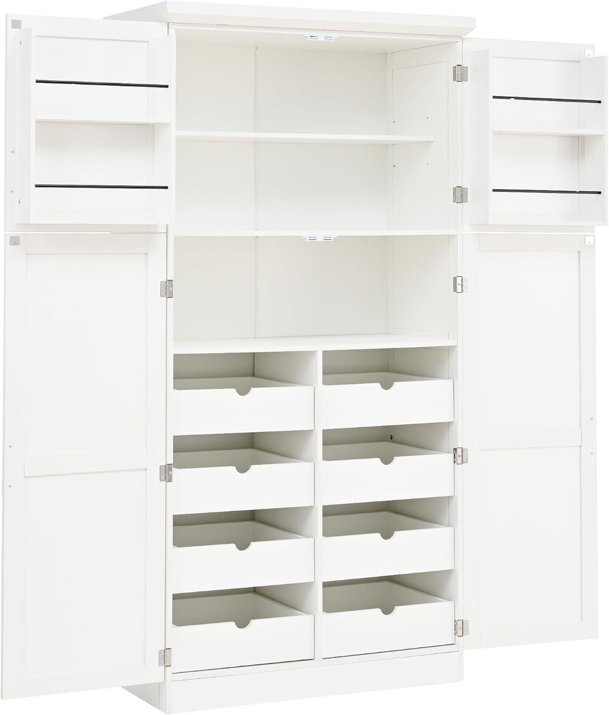 Freestanding Tall Kitchen Pantry Cabinet with 4 Doors and 2 Door Shelves,8 Pull-Out Trays and Adjustable Shelf,for Dining Room (White/F)