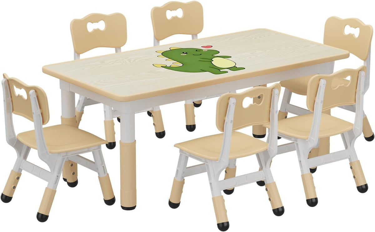 OUTLANE Kids Table and 6 Chairs Set, 47.2"X23.6" Activity Table with Anti-Slip Pads, Wooden Toddler Table and Chair Set with Storage Box, Art Craft Desk for Home Classroom Daycare, 12 Color Pens