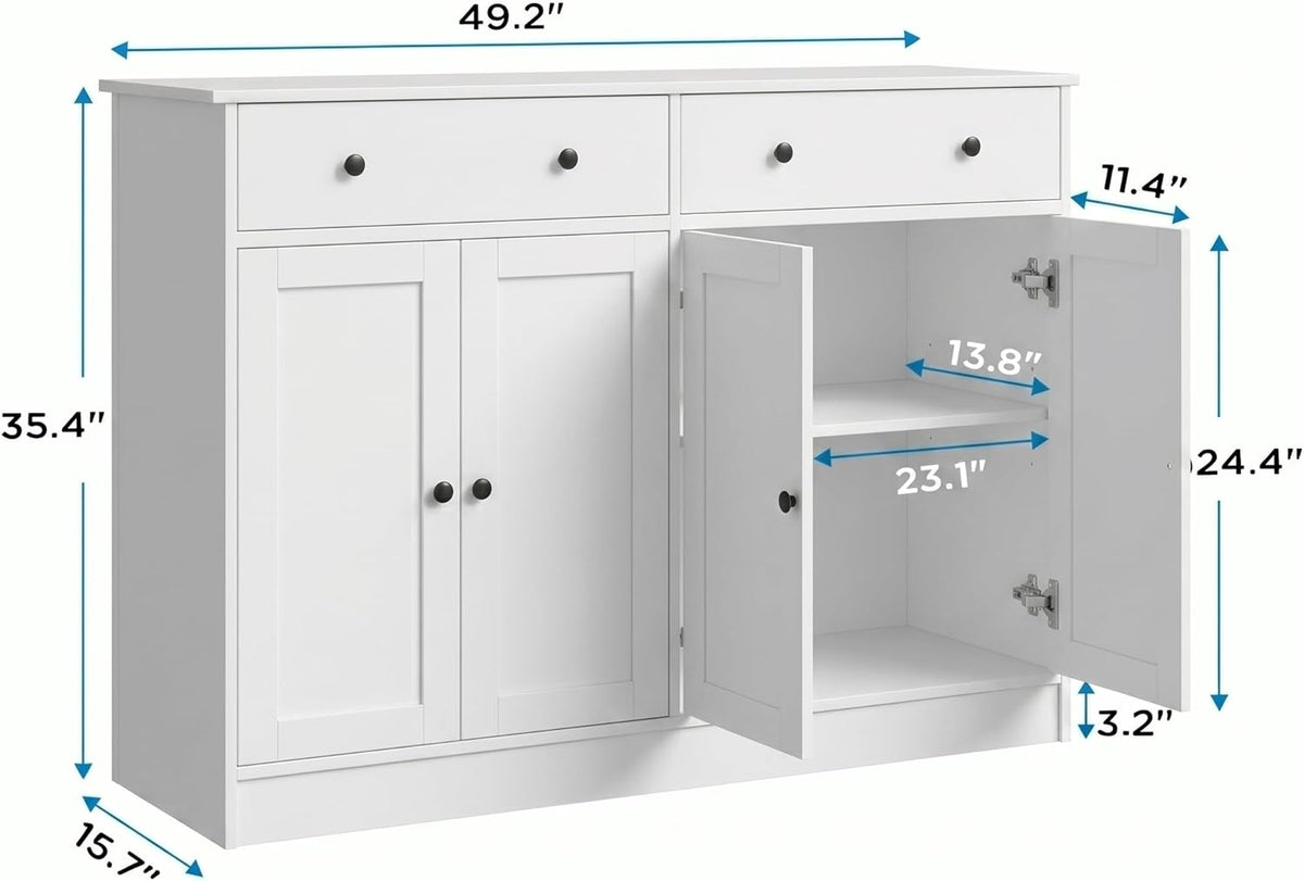 holzart 49" White Buffet Cabinet with Doors & Drawers, Modern Kitchen Storage Sideboard, Coffee Bar Console Table for Dining Room, Living Room, Entryway