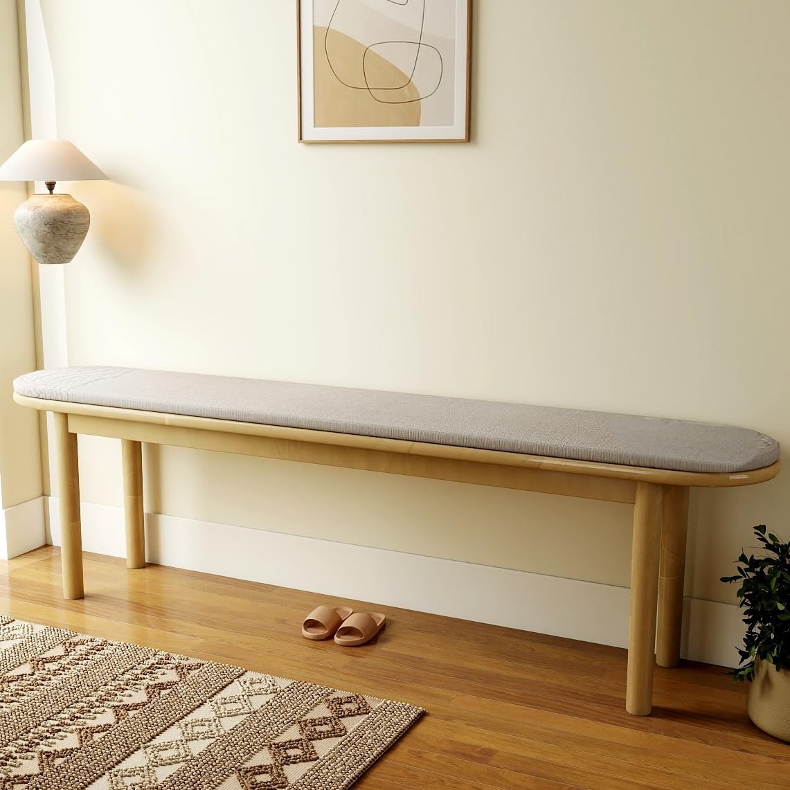63" Dining Bench Rubber Wood for 6-8 Person,Bedroom Bench,Window Bench,Entryway Bench,Upholstered Bench,with Padded Seat and Solid Wood Leg for Kitchen,Indoor and Hallway,Beige, 63in.
