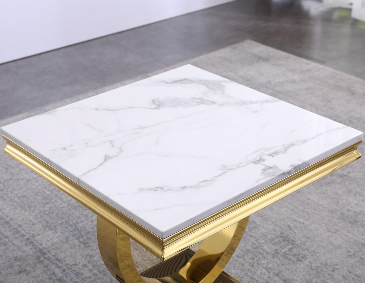 Modern Luxury Faux Marble End Table with Polished Gold Stainless Steel Base Square White Marble Side Table Elegant Small Bedside Table for Living Room Bedroom Office