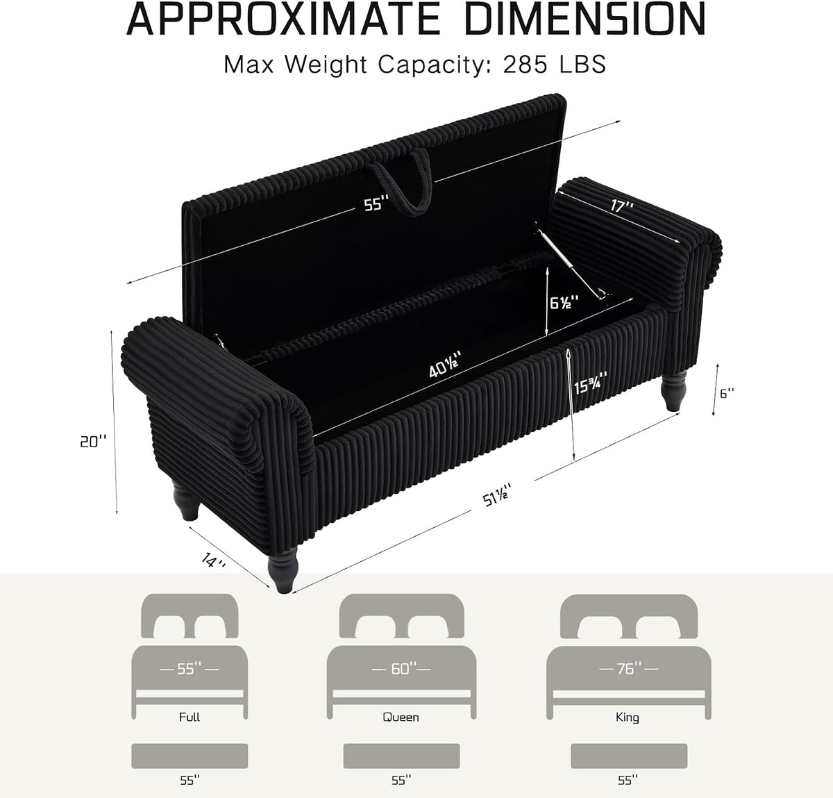 55" Corduroy Storage Ottoman Bench, Queen Bed, Black | End of Bed, Bedroom/Entryway/Closet, Window Seat, Lift-Top Storage, Tufted Button, Solid Wood Legs, for Queen & King
