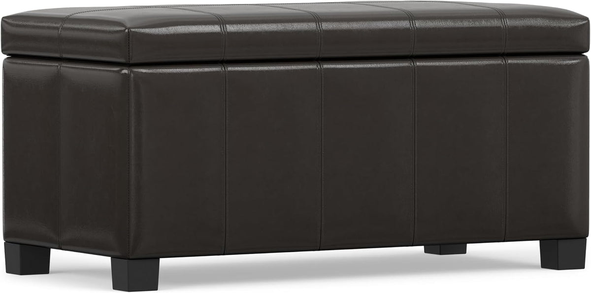 SIMPLIHOME Dover 36" Wide Vegan Leather Storage Ottoman in Tanners Brown | Contemporary ottoman with lift-top and safety hinges; upholstered rectangle storage bench for living room and entryway.