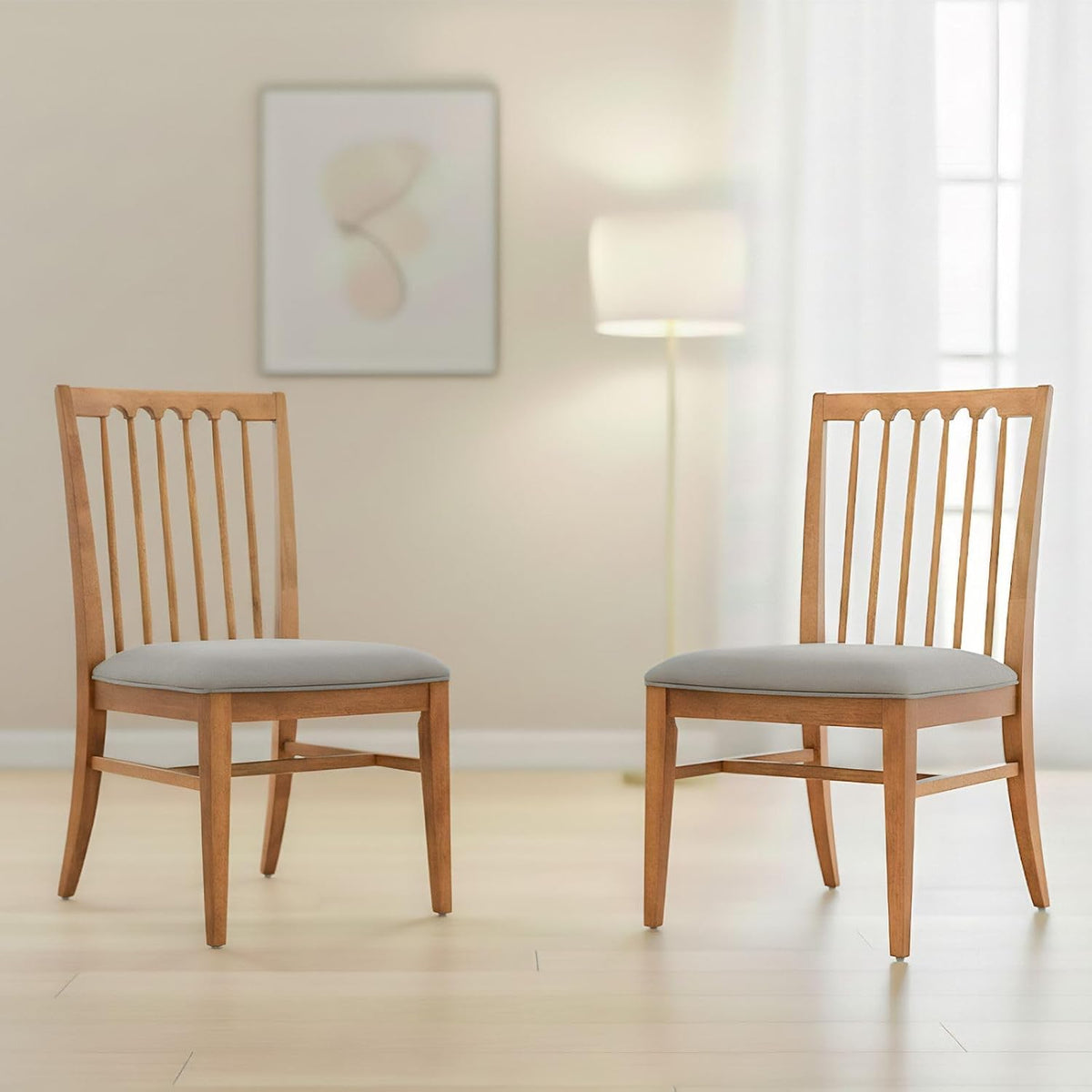Wood Dining Chairs Set of 2, Upholstered Farmhouse Dining Room Chair, Chenille Armless Side Chair with Solid Rubberwood Legs, Rustic Wooden Kitchen Chair for Kitchen/Living Room, Grey
