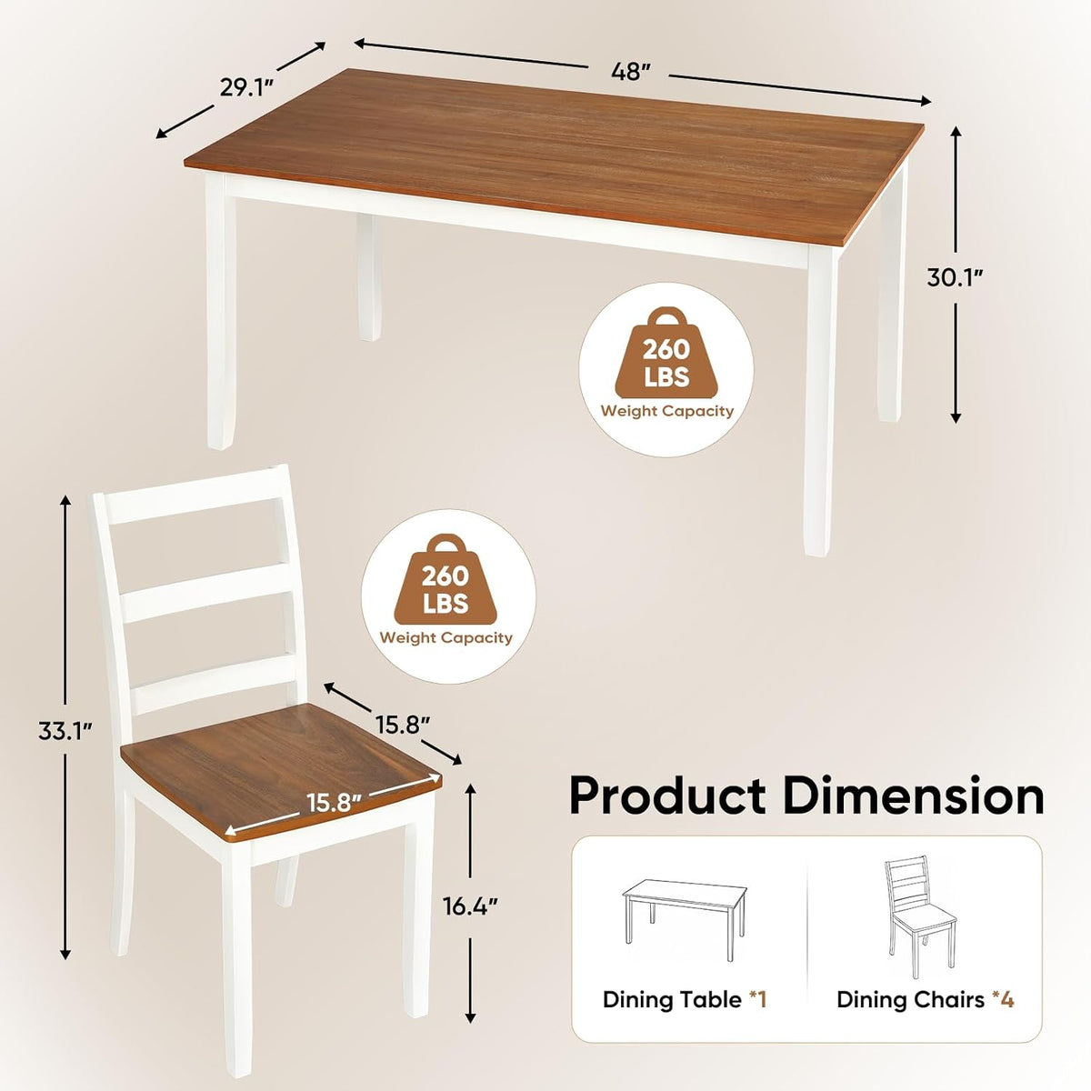 5-Piece Dining Table Set, Kitchen Table Chairs Set of 4, Space-Saving | Farmhouse Dining Table Set for 4, Kitchen Table and Chairs with for Dining Room, Small Kitchen, Apartment Dark Walnut White