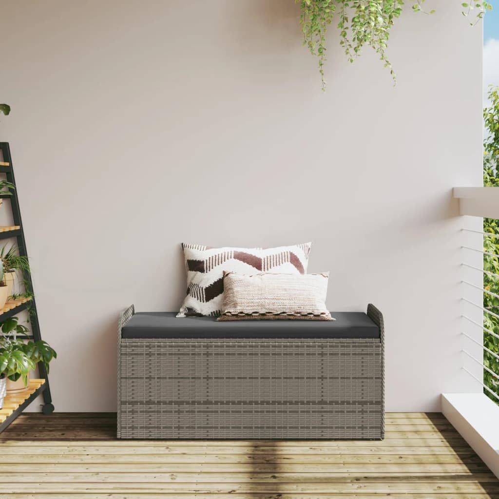 Patio Storage Bench with Cushion, 45.3 Inch Outdoor Storage Seat, Gray Poly Rattan Garden Bench with Waterproof Bag and Gas Spring