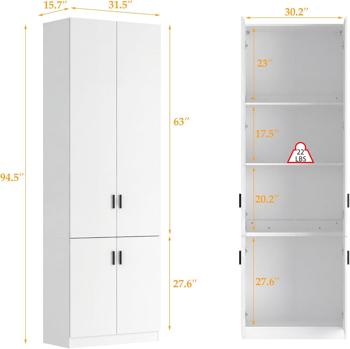 AGOTENI 94.5”H Tall Kitchen Pantry Cabinet with 4 Doors & 4 Shelves, Modern Kitchen Pantry with Adjustable Shelf, Black Handles, Cupboard for Kitchen Dining Room, White