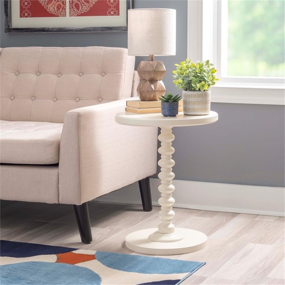 Pemberly Row Contemporary Wood Spindle Side Table, Off White Finish, 17" Round Top, Solid Rubberwood Construction, Turned Pedestal Base, Accent Table for Living Room, Entryway, or Bedroom Use