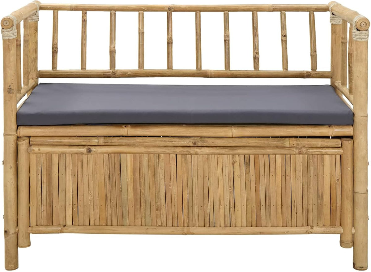 Natural Bamboo Garden Storage Bench 110x47x80 cm, Outdoor Patio Seat with Hidden Storage Compartment, Post Leg Design for Modern or Rustic Decor, Easy Assembly Required
