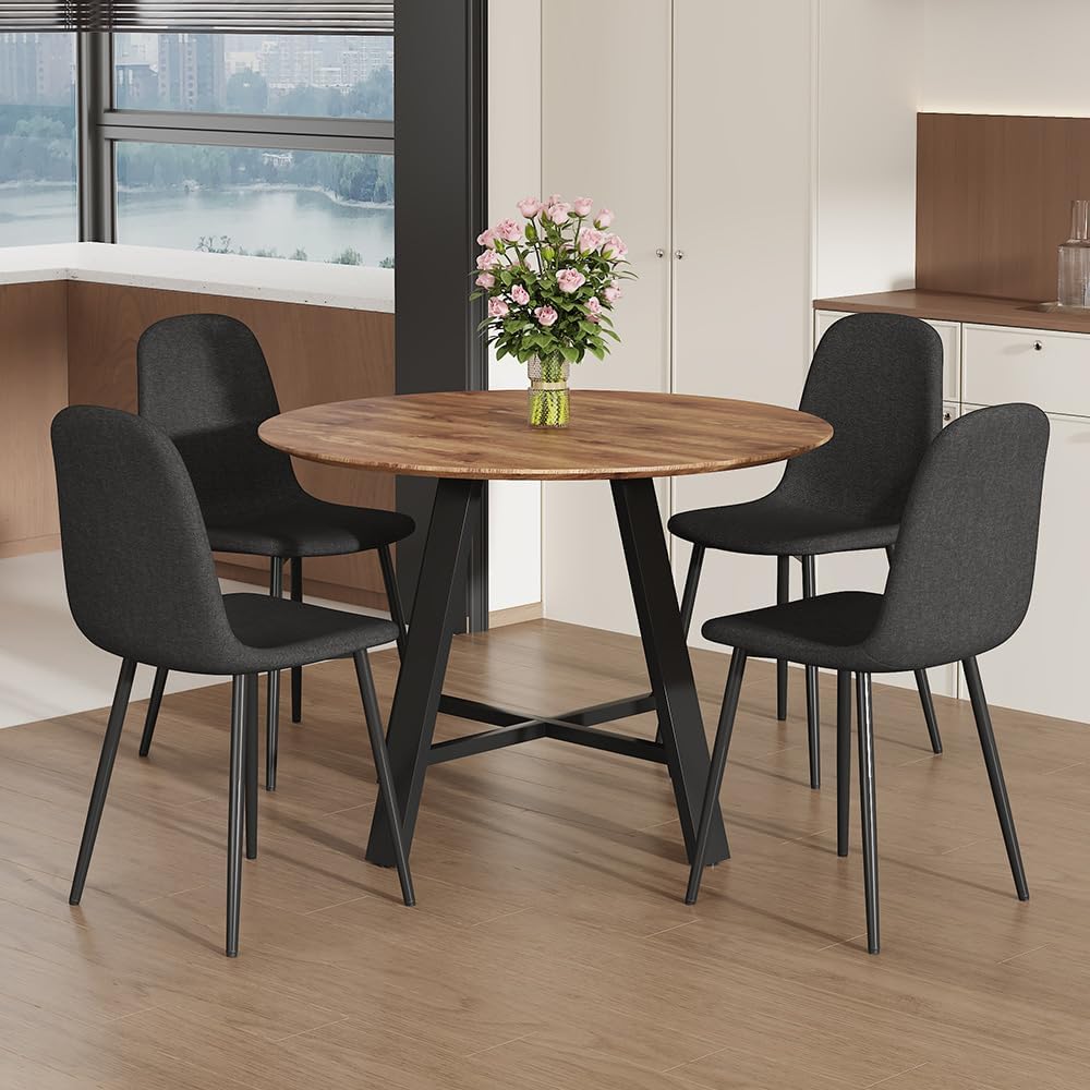 42" Round Dining Table Set for 4, Modern Kitchen Table Chairs Set of 4 Wood Dining Table Upholstered Chair with Metal Leg for Dining Room (Black, 42" Brown Table + 4 Chairs)